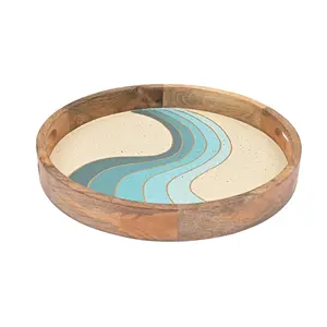 Plateau de service décoratif en bois moderne fait à la main, nouveau design avec motif de vagues océaniques, forme rectangulaire ronde pour la vaisselle. - Product Image 4