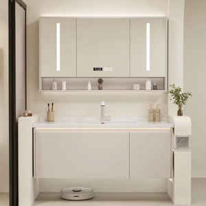 Современный водостойкий шкафчик для ванной комнаты с LED-зеркалом и бесшовной интегрированной раковиной, высококачественный, роскошный дизайн - Product Image 4