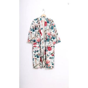 Women's Kantha Floral Eco-Friendly Cotton <b>Kimono</b> <b>Robe</b>-Ethnic Vintage Indian Handmade Summer Spring Winter Short - Product Image 1