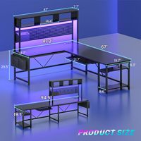 Escritorio de Juego en Forma de L Industrial OEM con Panel Perforado, Luces LED y Tomacorriente, Escritorio de Computadora Reversible con Bandeja para Teclado, Negro