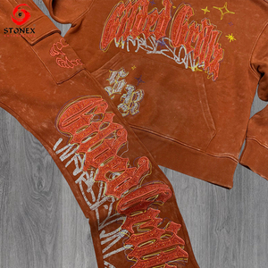 Custom Logo Printed Breathable Flare Sweatpants and Zip-Up Hoodie Two-Piece Set Rhinestone Winter Men <b>Tracksuit</b> - Product Image 6