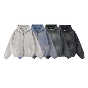 En stock sweat à capuche zippé vintage en coton polaire lourd surdimensionné lavé à l'acide et à la pierre fabricant de haute qualité - Product Image 2