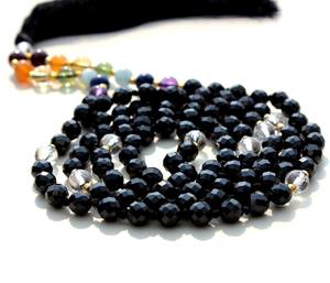 Collar de cuentas de oración Mala de 108 nudos, hecho a mano, estilo bohemio, con espinela negra y chakras, unisex, artesanal indio - Product Image 5