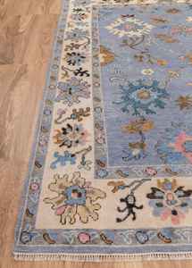 Tapis de style turc noué à la main Oushak bleu 9x12, tapis modernes Oushak colorés personnalisés disponibles - Product Image 2