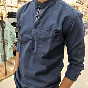 <b>Men's</b> Regular Fit Casual Short Kurta 100% Cotton Blend <b>Shirt</b> for Summer Solid Design Full Sleeve Casual Indigo <b>Blue</b> Kurta <b>Shirt</b> - Product Image 1