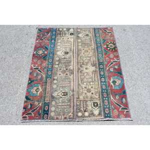 Vintage Rouge Bleu 3.4 X 4ft Tapis Turc Grand Laine Seagrass Latex Abstrait Patchwork Design Couloir Rectangulaire Teen Room Design - Product Image 1