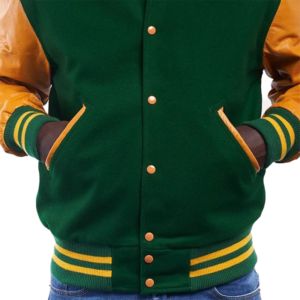 แจ็คเก็ตเบสบอลบอมเบอร์สีเขียวสำหรับทุกเพศเสื้อแจ็กเก็ตทีมเบสบอลแขนหนังสีและโลโก้แบบกำหนดเอง - Product Image 4