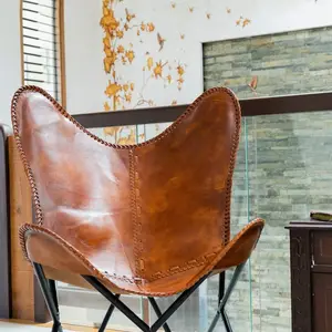 Leather Butterfly Chair Antique Leather Cover Handmade Decorative Chairs Folding Comfortable Dining Room Chair