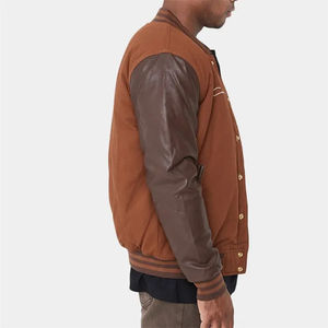 แจ็กเก็ตบอมเบอร์ทีมเบสบอลผ้ากำมะหยี่แขนหนังของผู้ชายปักลาย - Product Image 3