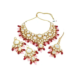 Ensemble de bijoux de mariée de luxe Deepanshi Meenaakri Kundan plaqué or 24 carats rose et rouge Meenaakri pour les mariages - Product Image 5