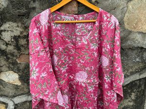 Vestido de caftán con estampado floral indio de algodón hecho a mano, ropa de dormir con bloque de flores, Maxi Kimono Robe, cubierta de Playa Larga, ropa informal suelta - Product Image 3