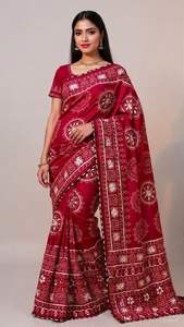Sari Tradicional de Seda Vhichtra Pura para Mujer, Khadi Bandej, Trabajo Kacchi Gotapatti, Pallu Rico, Borde Atractivo, Hecho en India - Product Image 5