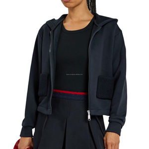 Wholesale Custom <b>Women's</b> Zip Hoodie Cropped <b>Cardigan</b> Jacket Knitted Patch Pocket Drawstring Hem Heavyweight Winter Eco-Friendly - Product Image 2