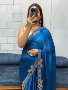 Nouvelle collection de saris de soirée formels en soie georgette brodée avec des travaux de broderie Jeri - Product Image 3