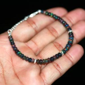 925 Sterling Silver <b>Bracelet</b> Black Opal Handmade <b>Beaded</b> Vintage Jewelry Smooth Rondelle Natural Gemstone <b>Gold</b> Wedding - Product Image 3