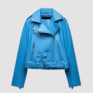 Manteau de veste de Moto en cuir d'agneau véritable bleu élégant pour femmes Veste en cuir souple de style motard pour femmes - Product Image 1
