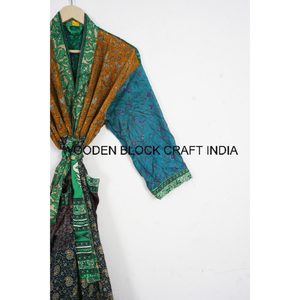 Kimono Sari de seda de punto reciclado Vintage para mujer, bata transpirable de secado rápido, cómoda, elegante, bohemio, para casa de playa, ropa de dormir para fiesta - Product Image 3