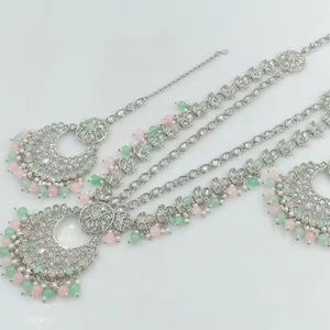 ÚLTIMO COLLAR LARGO DE FANTASÍA ANTIGUO CHAPADO EN PLATA SIN CORTAR CON CONJUNTO DE PENDIENTES MANGTIKKA Y CONJUNTO DE JOYERÍA PARA MUJER - Product Image 1