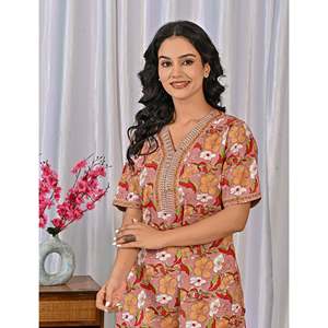 Vestido de Dormir 100% Algodón con Estampado Jaal Hecho a Mano, Camisón Suave Tejido con Diseño Floral y Cierre de Botones, Talla 3XL para Damas de Honor - Product Image 1