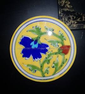 Yellow and <b>Blue</b> Hand-Painted <b>Blue</b> Pottery <b>Coasters</b> Handmade <b>Blue</b> & Yellow Ceramic Round Floral <b>Coaster</b> Set - Product Image 6