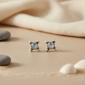 925 <b>Silver</b> <b>Stud</b> <b>Earrings</b> with Pear Cut Moonstone and Pearl Trendy Geometric Design for Wedding or Engagement - Product Image 2