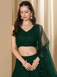 Lehenga Choli élégant vert bouteille en polyester Georgette, longueur ras du sol, séchage rapide, broderie de sequins Resham, style Bollywood pour les fêtes - Product Image 6
