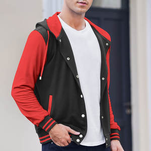 Chaqueta Varsity Premium para Hombre |   Chaqueta Bomber Estilo Letterman de Lona y Forro Polar con Mangas en Contraste Rojo Carmesí y Negro, Estilo Preppy, Ropa Urbana - Product Image 5