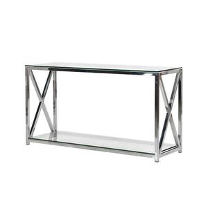 Mesa Consola con Estructura Metálica Plateada en Forma de X y Cubierta de Vidrio Transparente para un Acabado Moderno y Elegante - Product Image 1