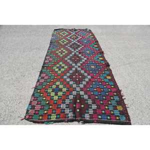 Turkish Vintage <b>Runner</b> Rug 4.4x11 ft, Kilim <b>Red</b> Wool Rug - Product Image 1