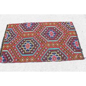 Tapis turc Kilim 2,9 x 4,9 pieds, tapis vintage abstrait rouge en laine - Product Image 3