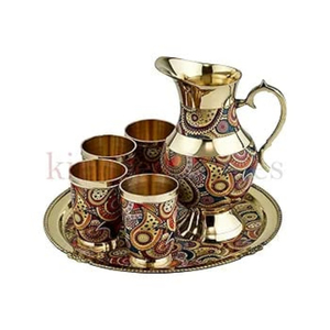 Juego de cena de 6 piezas de latón con jarra de trabajo esmaltada Meenakari, bandeja y 4 vasos, vajilla tradicional hecha a mano, multicolor - Product Image 2