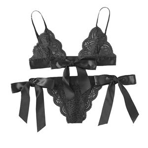 Ensemble soutien-gorge et culotte S/M avec liens et dentelle bleu - Product Image 1