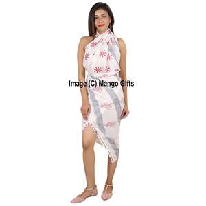Hand Block Print Cotton Sarong for Women Lightweight Beach <b>Wrap</b> Pareo and <b>Swimsuit</b> Cover up for Tropical Vacation Resort Wear - Product Image 3