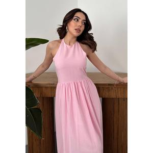 Pink Smocked Back Linen <b>Dress</b> - Pink - Product Image 3