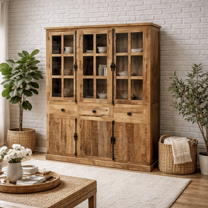 Solid Mango Wood Display Cabinet | Industrial Rustic Kitchen <b>Storage</b> Unit | Glass Door <b>Sideboard</b> Classic Design Lacquer Finish - Product Image 1