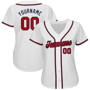 Maillot de softball à manches mi-longues et col en V pour femmes, blanc, rouge-bleu marine, design à boutons complets, vêtements de baseball et de softball respirants, vente en gros - Product Image 2