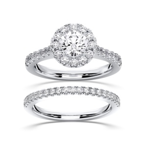 Anillo de compromiso de punta de diamante de corte redondo de moissanita de 1,54 quilates, con banda a juego, hecho en platino para ella, de quilates, de dos o más piezas - Product Image 1