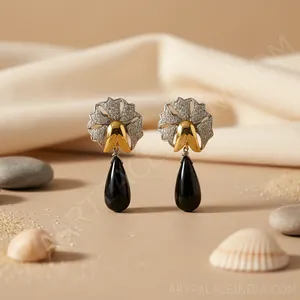 "Exquisite Diamond Floral Drop <b>Earrings</b> with <b>Black</b> Onyx and <b>Gold</b> Plating" - Product Image 1