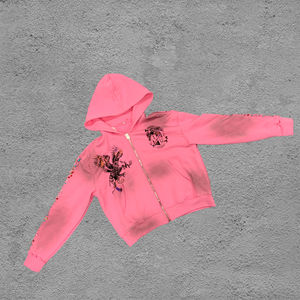 Custom Fancy Shaped Gems Decoration Zip up Hoodies Hombres, Graphic DTG Printed Heavyweight 100% Cotton Dirty Washed Hoodie - Product Image 2