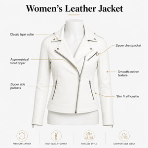 Premium <b>Women's</b> <b>White</b> PU Leather Moto <b>Jacket</b> Studded Lapel Collar Asymmetric Zipper Biker Style Spring/Winter Wear Waterproof - Product Image 5