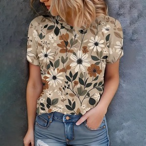 Camiseta con estampado 3D de flores de playa para mujer, camiseta de manga corta con gráfico de plantas coloridas, camisetas holgadas con cuello redondo para Calle de verano - Product Image 2