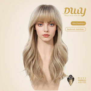Cybil-DWY 22-Inch Glueless Synthetic <b>Wig</b> for Women Machine-Made Mid-Length Wave <b>Bob</b> with Dark Roots and Transparent Lace Bangs - Product Image 2