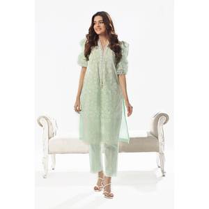 Conjunto de traje de dos piezas sin coser de tela Schiffli verde para mujer - Product Image 3