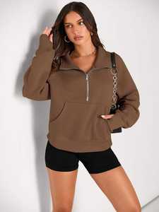 Women's Autumn Style Crop <b>Top</b> with Half <b>Zip</b> <b>Front</b> New Turtleneck Zipper up Short Hoodie Printed Winter <b>Top</b> for Ladies - Product Image 2