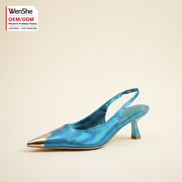 OEM ODM Womens Blue Metallic Slingback Pumps Gold Toe Cap Pointed Toe Kitten Heel Lightweight Spring Summer Office Party Dress