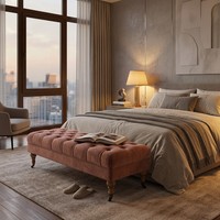 Banc ottoman Chesterfield moderne en velours capitonné avec pieds en chêne massif et roulettes, tabouret rectangulaire rembourré pour bout de lit, entrée ou hôtel