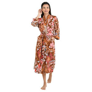 Boho-Kimono Style Casual Homewear Hand-Printed Indian Leaf-Flower Pattern Soft Cotton Woven Button Closure - Product Image 1