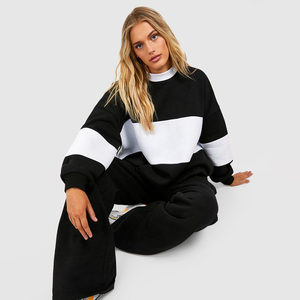 Contrast Color Panels Design Made Crew Neck Women's Long Sleeve Sweatshirts Best Edition <b>Drop</b> Shoulder Oversized Sweatshirt - Product Image 3