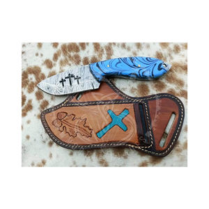 มีดคัตเตอร์เหล็กดามัสกัสทำมือสั่งทำพิเศษ ขายดี พร้อมปลอกหนัง มีดคาวบอยแบบฟูลแทง - Product Image 1