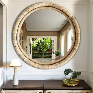 Hecho a mano hermoso espejo de pared de bambú de ratán duradero diseño enmarcado bohemio Retro para uso versátil para decoración de baño de villas - Product Image 1